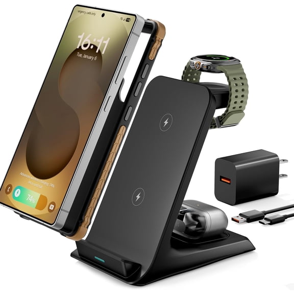 3 in 1 Charging Station for Thick Cases of 10MM/Otterbox/Heavy Duty, Wireless Charger Galaxy S26 Ultra/S25/S24, Phone Stand Watch and Buds(Black)
