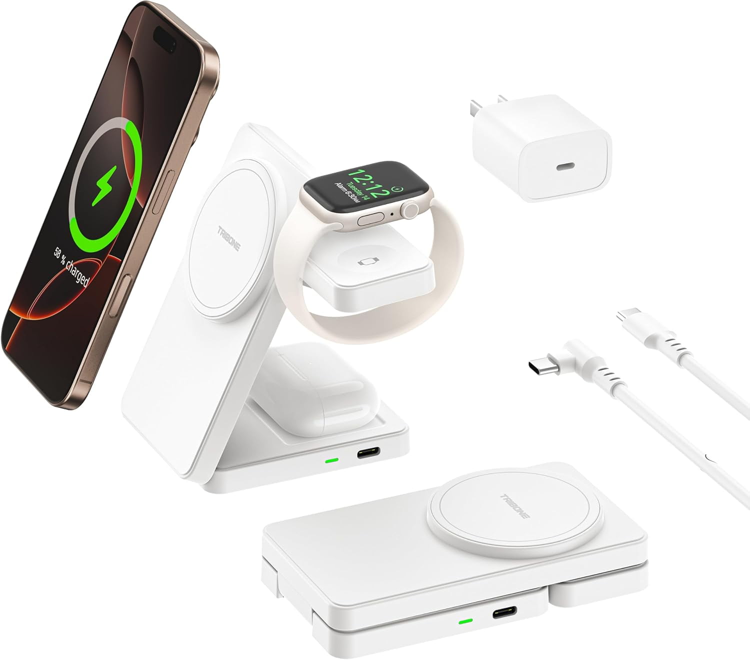 3 in 1 Charging Station for iPhone 17/16/15/14/13/12 Series, Wireless Charger for Apple Watch，Travel Magnetic Charging Stand for AirPods (White)