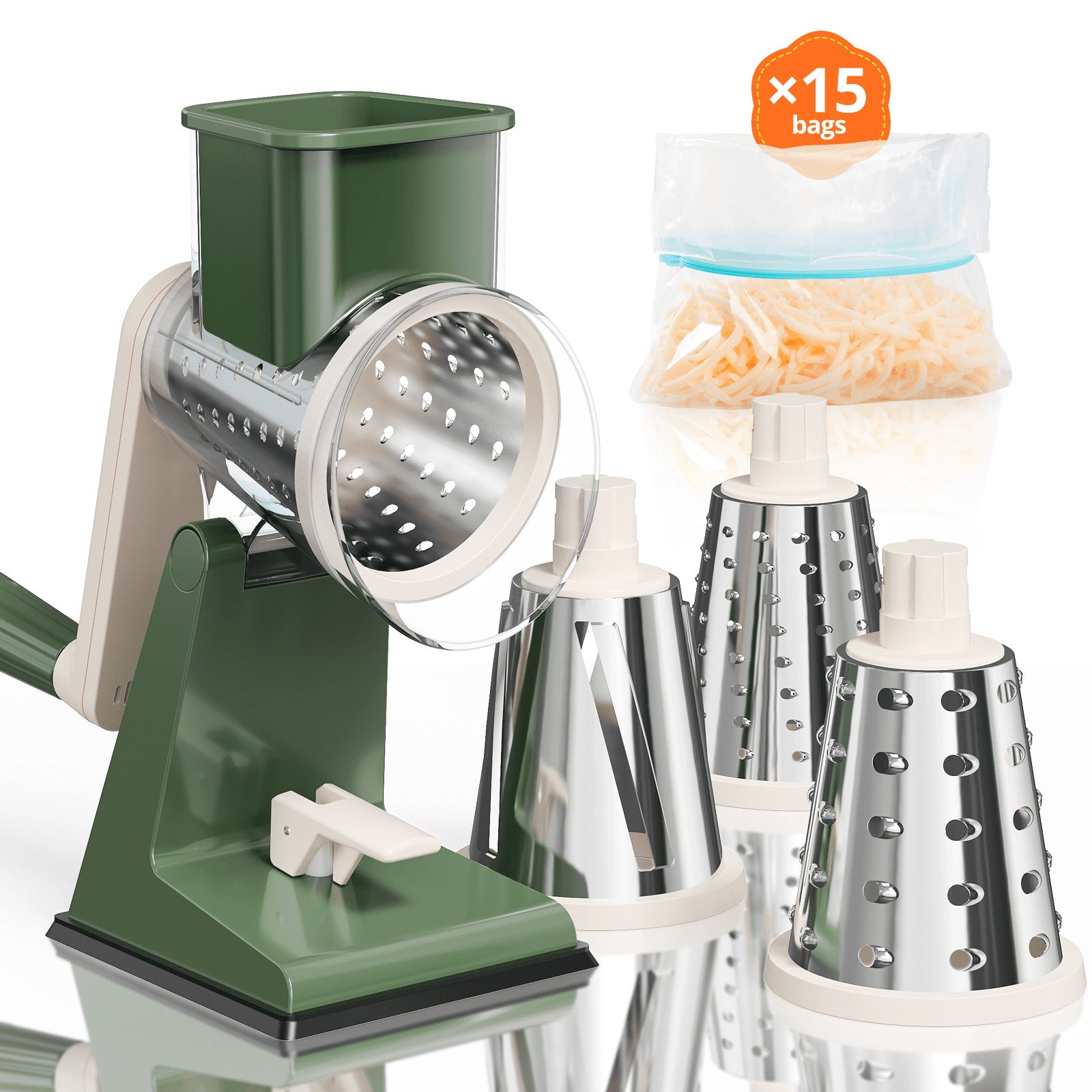 3 in 1 Cheese Grater, Cheese Grater Rotary with Storage Bag, Cheese Shredder for Fresh Cheese, Vegetable, Nuts, Non-slip Suction Base, Olive Green