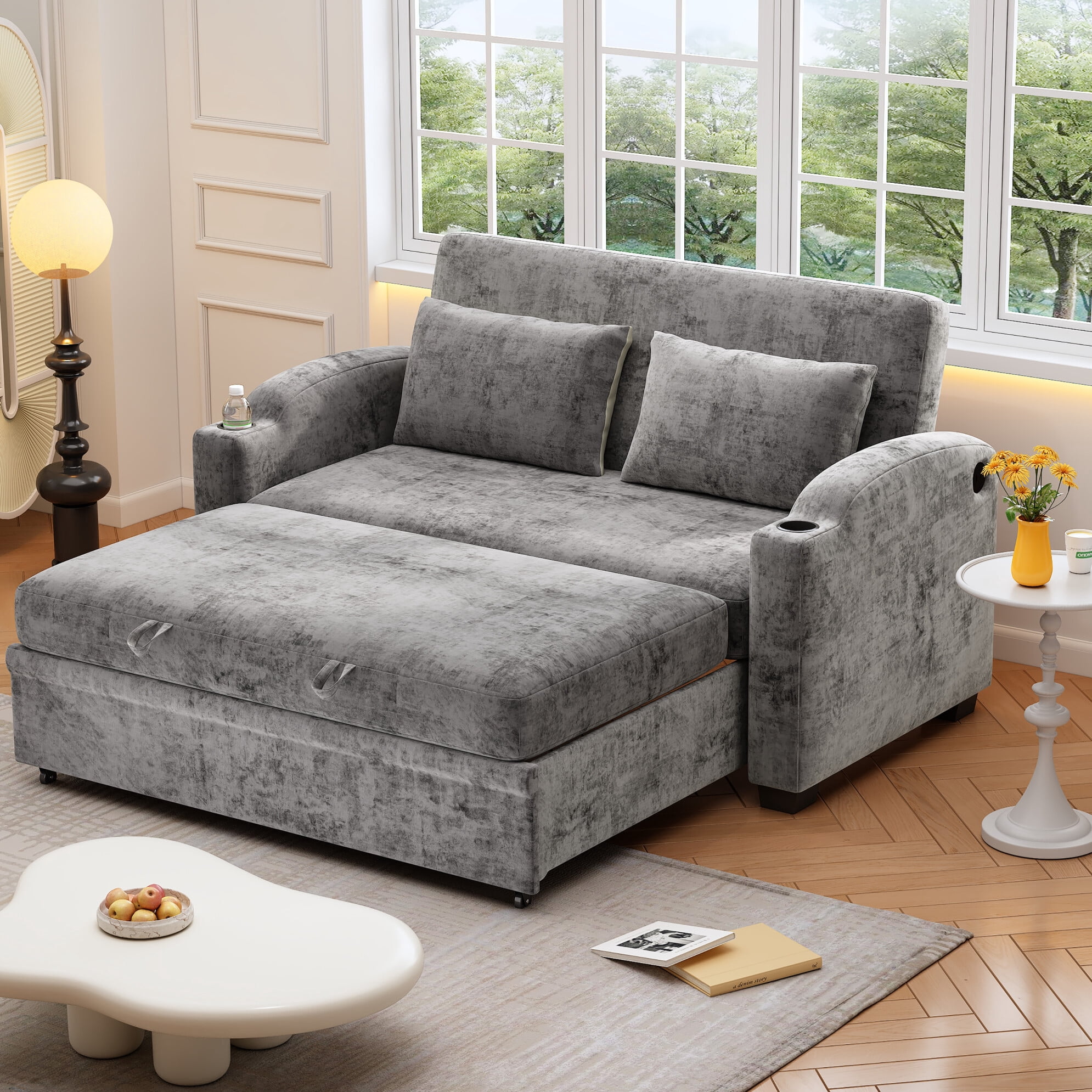3-in-1 Chenille Convertible Sofa Bed with USB Charging Ports and Cup ...