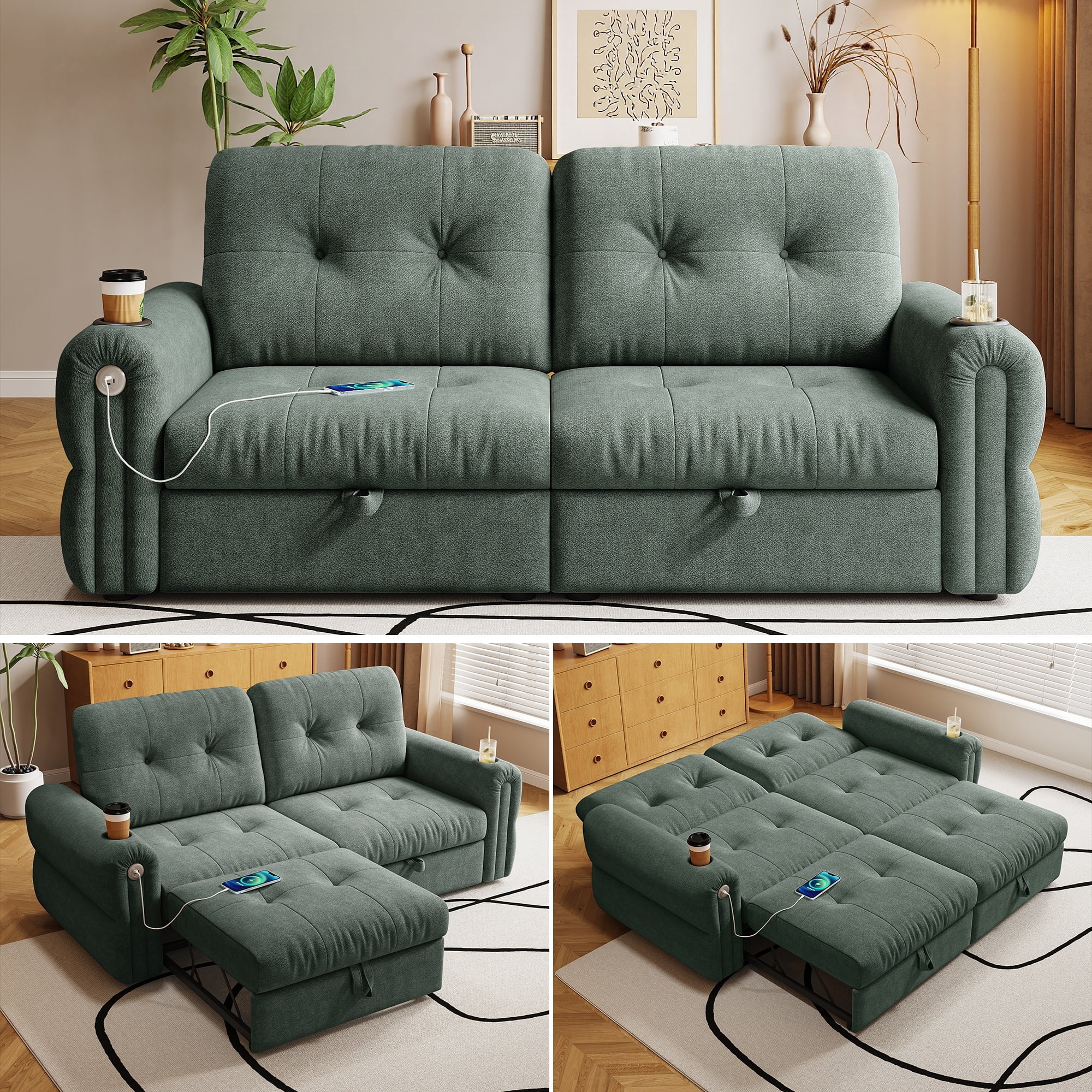 3-in-1 Chenille Tufted Sleeper Sofa Bed, Convertible Loveseat Chaise, Indoor Multi-Functional Daybed with Charge Ports & Cup Holders