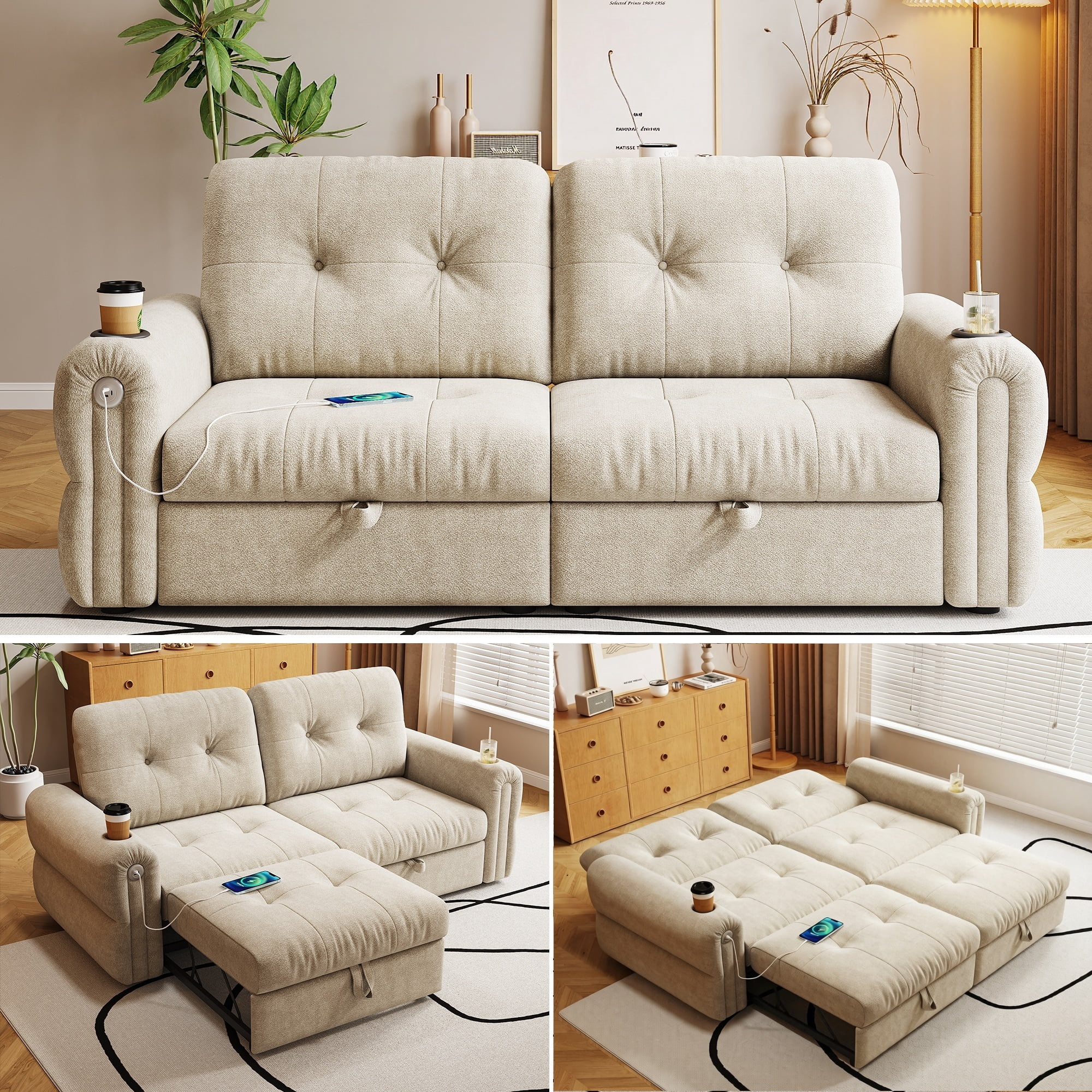 3-in-1 Chenille Tufted Sleeper Sofa Bed, Convertible Loveseat Chaise, Indoor Multi-Functional Daybed with Charge Ports & Cup Holders