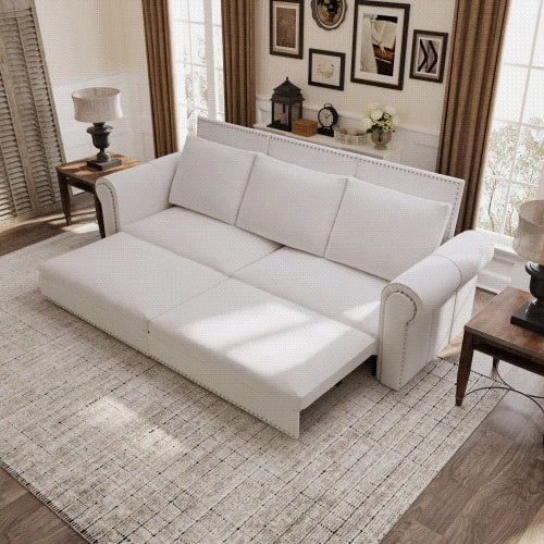 3-in-1 Chesterfield Sleeper Sofa Bed Velvet Tufted Pull Out King Beige White