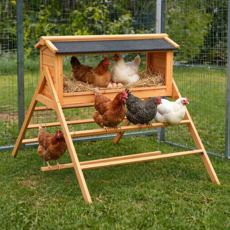 3-in-1 Chicken Nesting Box Egg Storage Box with Asphalt Roof, Chicken Coop with Swing & Perch for Hens