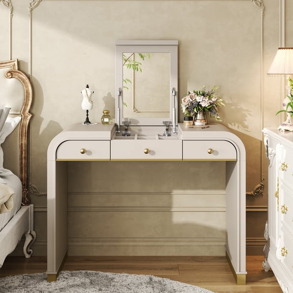 3-in-1 Classic Wood Vanity Desk with Flip Mirror, Dressing Table with 2 Drawers & Hidden Storage for Bedroom