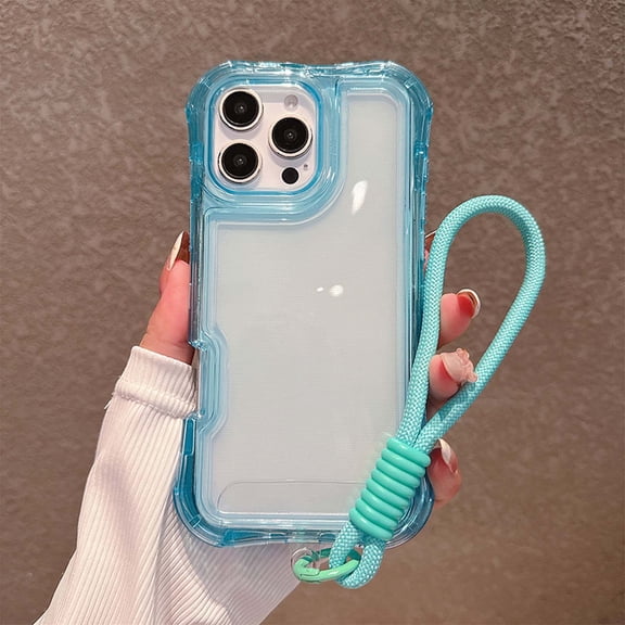 3-in-1 Clear Phone Case For iPhone 16,Shockproof Protective Transparent Case,Heavy Duty Protection,With Wrist Strap,Rugged Anti-drop Non-Slip Tough Durable Phone Case,Blue
