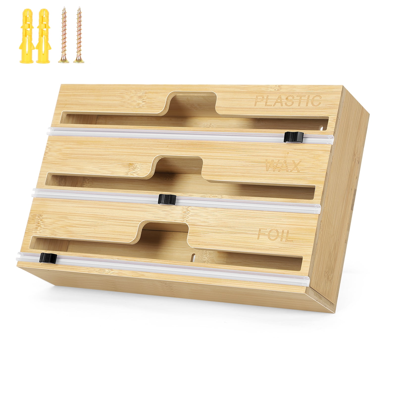 3-in-1 Cling Film Organizer with Cutter and Label, Plastic Cling Film, Aluminum Foil and Waxed Bamboo Dispenser for Kitchen Storage Organization, Holds 12" Rolls of Cling Film (Natural).