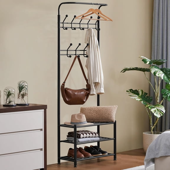 3-in-1 Coat Rack Shoe Bench, Entryway Hall Tree with 18 Hooks and 3-Tier Shoe Storage Bench, Metal Coat Hat Stand Rod for Hanging Jacket, Easy Assembly, Black