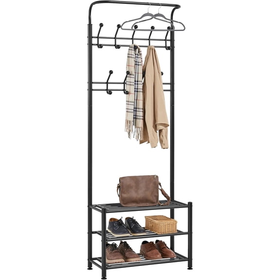3-in-1 Coat Rack Shoe Bench, Entryway Hall Tree with 18 Hooks and 3-Tier Shoe Storage Bench, Metal Coat Hat Stand Rod for Hanging Jacket, Easy Assembly, Black