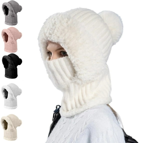 3 in 1 Cold Resistant Beanie Hat, New Women's Knitted Hat in Autumn and Winter Wind-Resistant Scarf Balaclava Hat,White
