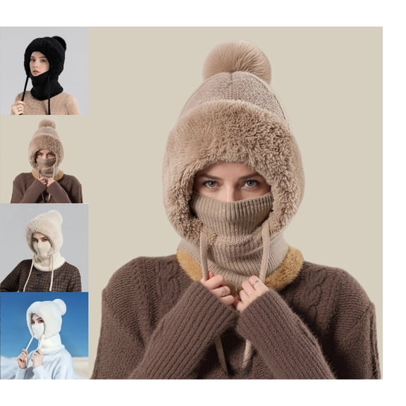 3 in 1 Cold Resistant Beanie Hat, New Women's Knitted Hat in Autumn and Winter Wind-Resistant Scarf Hat Khaki Free