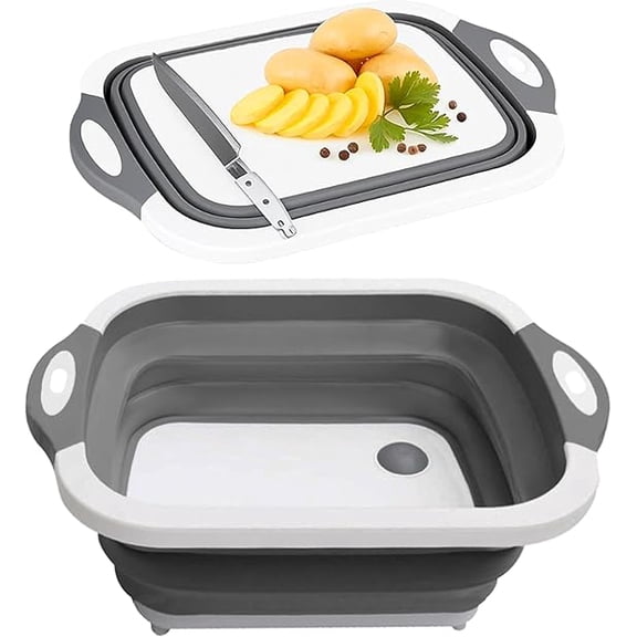 3-in-1 Collapsible Cutting Board Multifunctional Kitchen Sink Tub Basin with Drain, Chopping Board & Washing up Bowl Space-Saving & Portable for Kitchen, Camping, RV, & Outdoor Use (Grey)