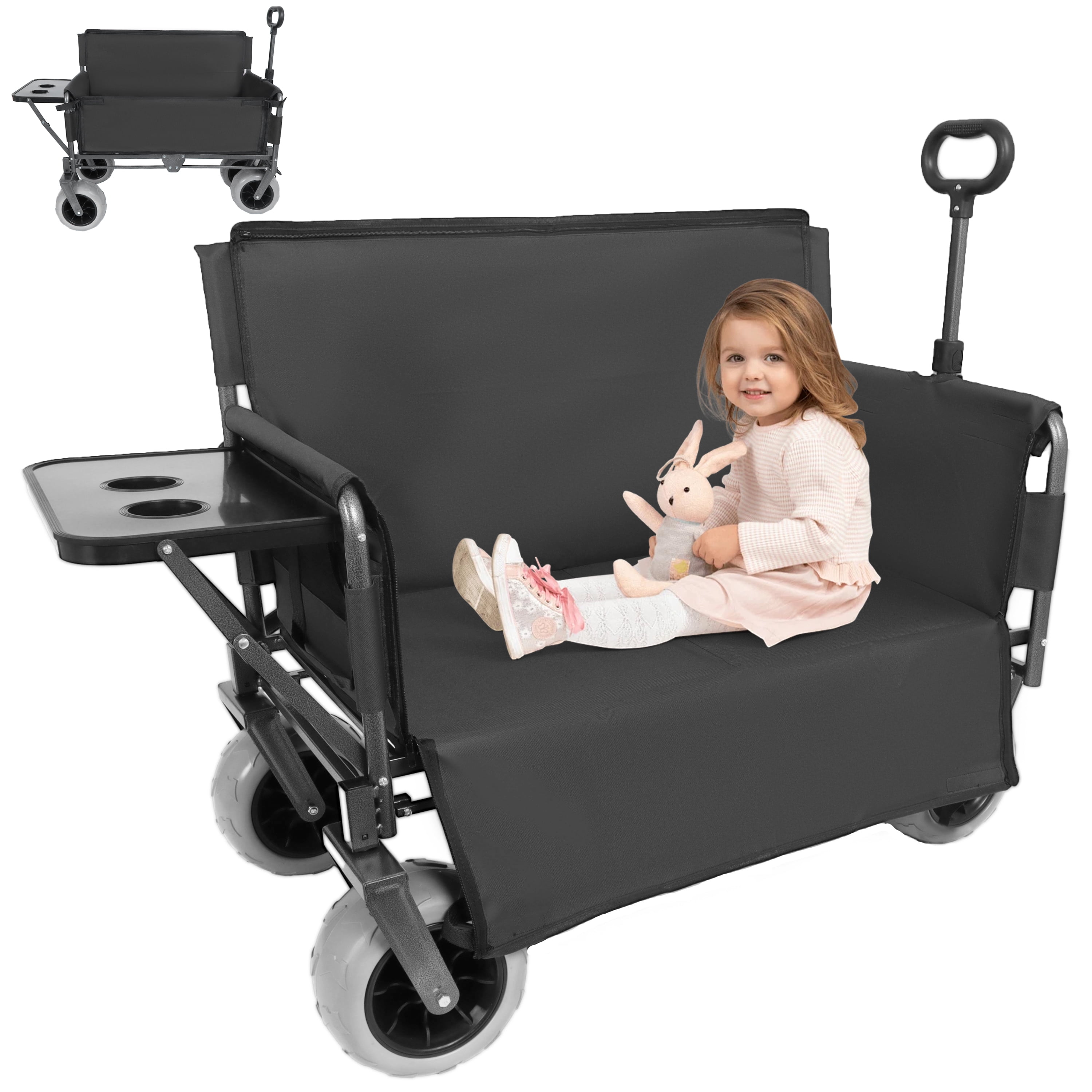 3-in-1 Collapsible Folding Wagon Cart Black, Convertible Bench with Rear Folding Tabletop and Cup Holders, 360°Swivel All-Terrain Wheels for Camping, Beach, Garden, Fishing