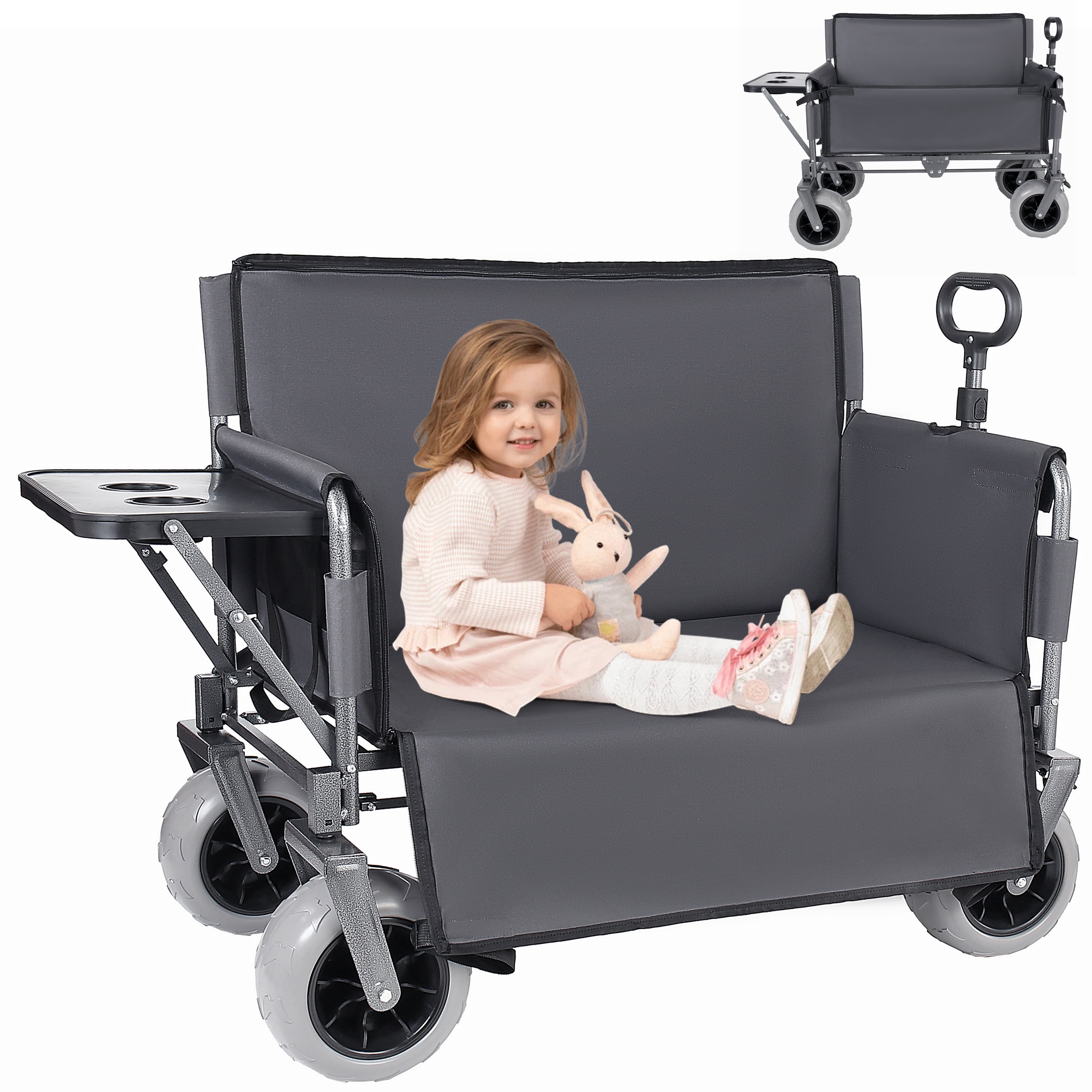 3-in-1 Collapsible Folding Wagon Cart Gray, Convertible Bench with Rear Folding Tabletop & Cup Holders, 180L Large Capacity, 360°Swivel All-Terrain Wheels for Camping, Beach, Garden, Fishing