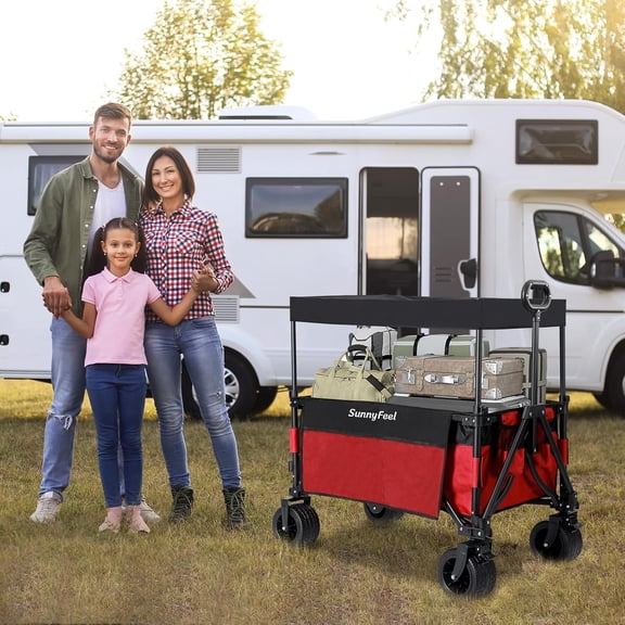 3-in-1 Collapsible Wagon with Canopy, 220lbs Capacity All-Terrain Garden Cart with Rear Shelf & Storage Pockets for Outdoor Activities