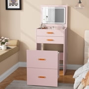 3-in-1 Compact Vanity with Mirror and Lights, Small Makeup Desk, Nightstand, Dressing Table with 3-Light Mode Mini Vanity Table Set with Storage Rolling Chair, for Small Space