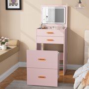 3-in-1 Compact Vanity with Mirror and Lights, Small Makeup Desk, Nightstand, Dressing Table with 3-Light Mode Mini Vanity Table Set with Storage Rolling Chair, for Small Space