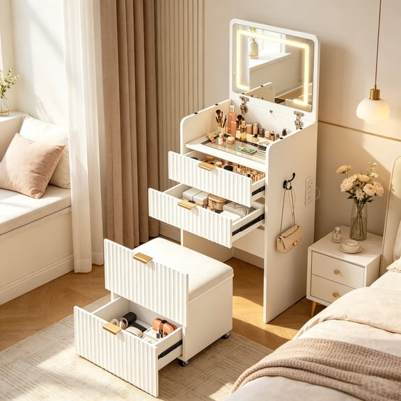 3-in-1 Compact Vanity Table, LED Mirror with 3 Color Lights, Clear Glass Top, 3 Drawers & Storage Bench, Modern Multifunctional Dresser for Bedroom Closet Living Room, White
