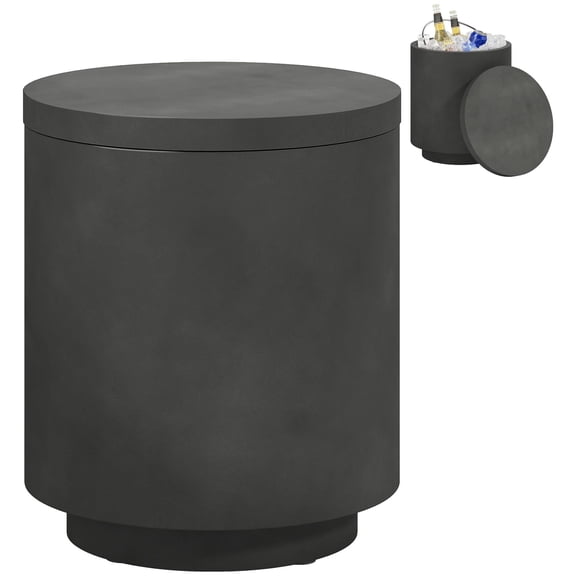 3-in-1 Concrete Outdoor Side Table with 2.6 Gal Stainless Steel Ice Bucket and Lid, Charcoal Gray Patio Cooler Bar Table and Storage Box for Garden, Balcony, or Poolside, 14.8" Dia.