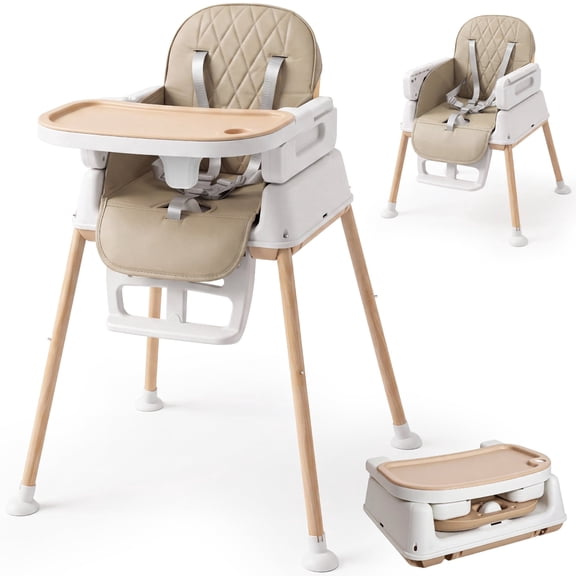3-in-1 Convertible Baby High Chair, Compact Pack-Away Toddler Feeding Seat with Built-in Leg Storage, Beige