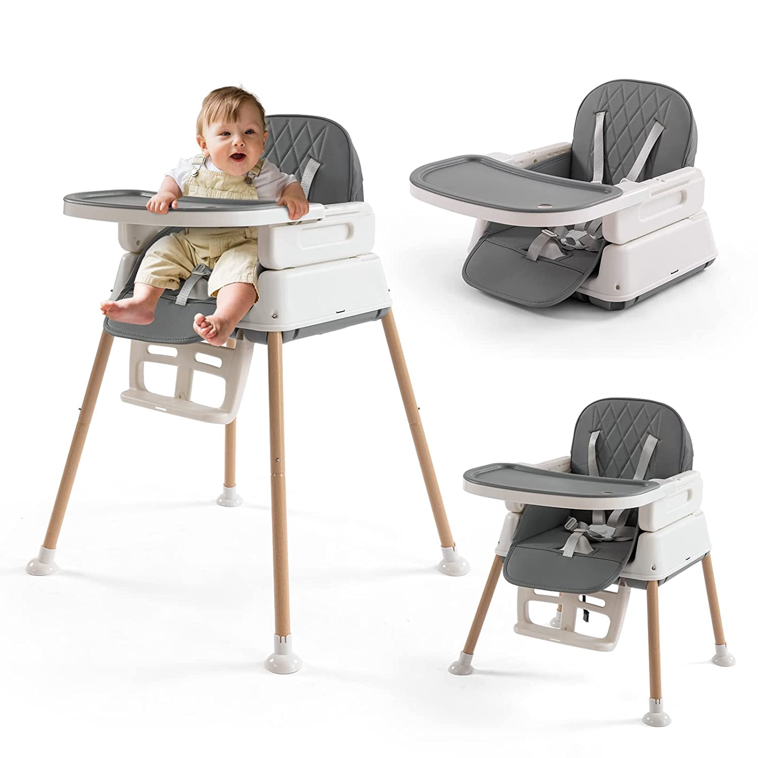 3-in-1 Convertible Baby High Chair with Adjustable Feeding Tray, 5 Point Harness, Footrest ...