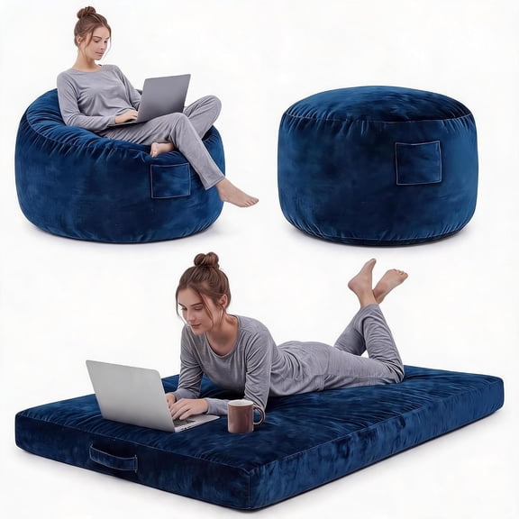 3-in-1 Convertible Bean Bag Chair Bed for Adults, 4FT Oversized Flannel Lazy Sofa with Memory Foam, Removable Washable Cover for Living Room Bedroom, Blue