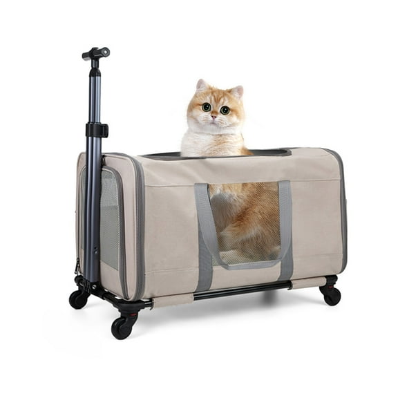 3-in-1 Convertible Cat Carrier Backpack & Transport Trolley , Multi-Functional Pet Transport Box with Wheels & Adjustable Extendable Pull Bar, Breathable Design for Travel, Vet, Camping