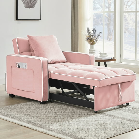 3-in-1 Convertible Chair Bed, Indoor Lounge Chair with Pillow, Single Sofa Pull Out Couch for Living Room,Pink