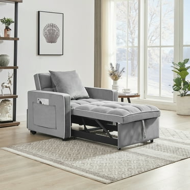 3-in-1 Convertible Chair Bed,Indoor Sleeper Chair Lounge Chair,Modern Recliner Sofa with Adjustable Backrest &Pillows,Velvet Small Couch for Living Room,Gray