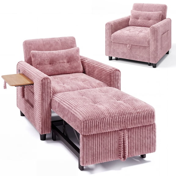 Lofka Sleeper Sofa, 3 in 1 Convertible Single Sofa Bed with USB Charging Port and Foldable Fabric Side Table, Pink Sofa for Living Room Apartment