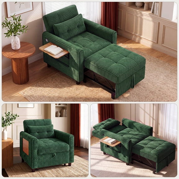 3 in 1 Convertible Chair Bed, Lofka Lounger Sleeper Chair Bed, Corduroy Sofa Bed Sleeper Armchair with Foldable Side Table & USB Charging Port, Green Sofa