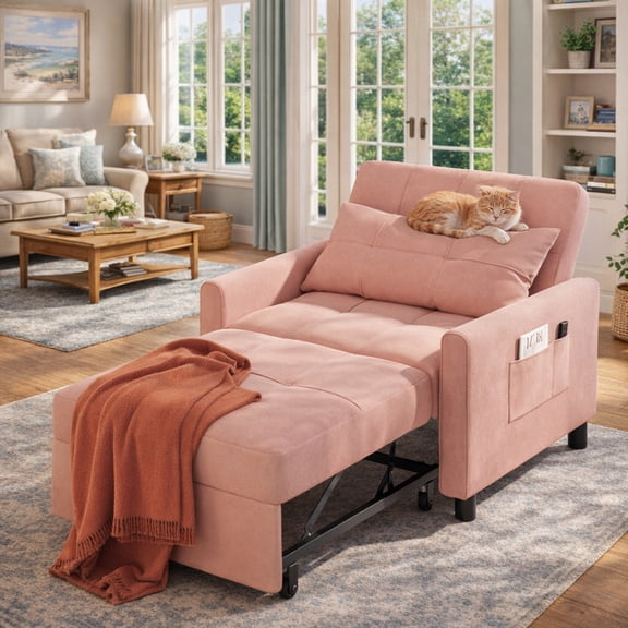3-in-1 Convertible Chair Bed Sleeper - Plush Accent Chair to Lounger to Single Bed, Space-Saving Folding Chair with Breathable Linen Fabric & Metal Frame for Apartment, Dorm, RV, Pink