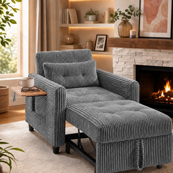 3-in-1 Convertible Chair Bed, Soft Corduroy Sleeper Sofa with USB Charging Port, Folding Side Table & 3-Level Adjustable Backrest, Single Recliner for Small Spaces, Light Gray