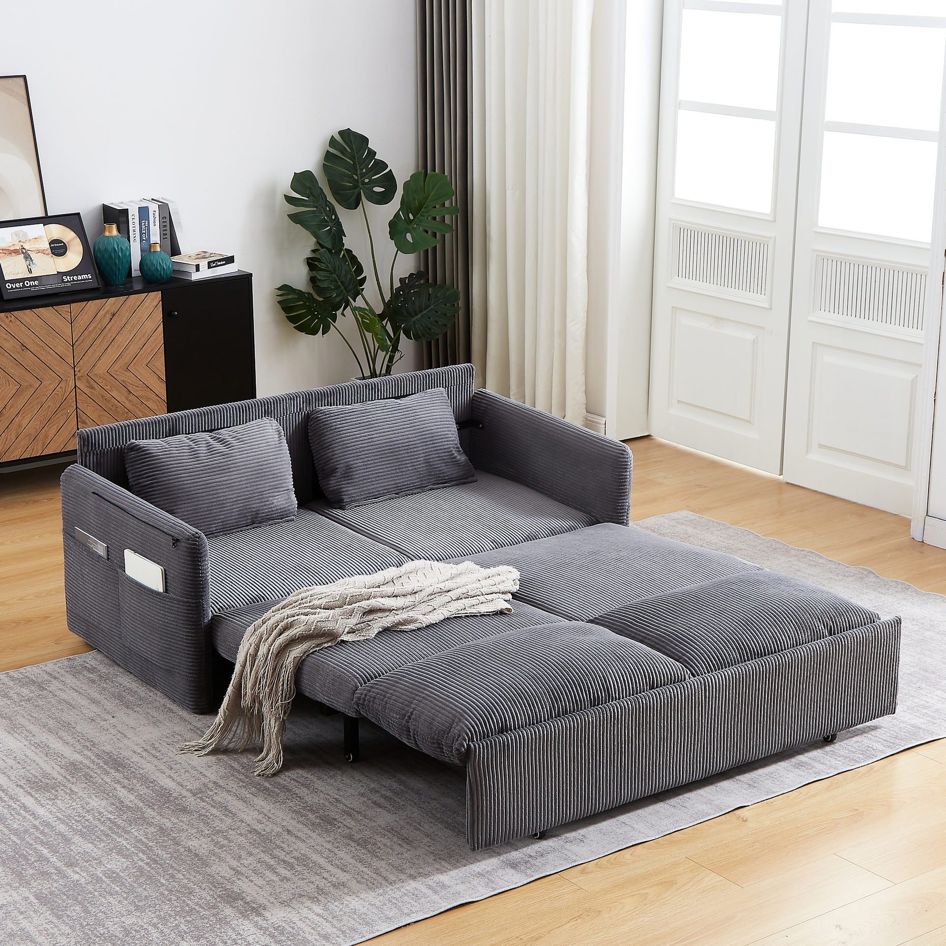 3-in-1 Convertible Corduroy Sofa Bed with Comfortable Seating and Easy ...