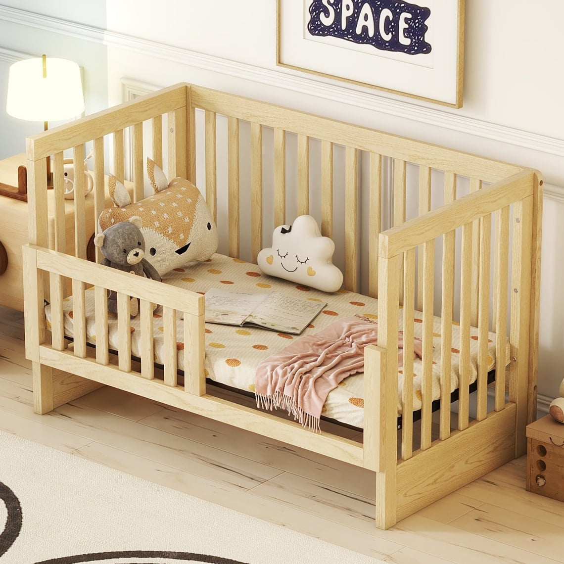 3 in 1 Convertible Crib with Changing Table and 3 Shelves Converts from Baby Crib to Full Size Bed and Daybed Multifunctional Baby Crib Bedding Set