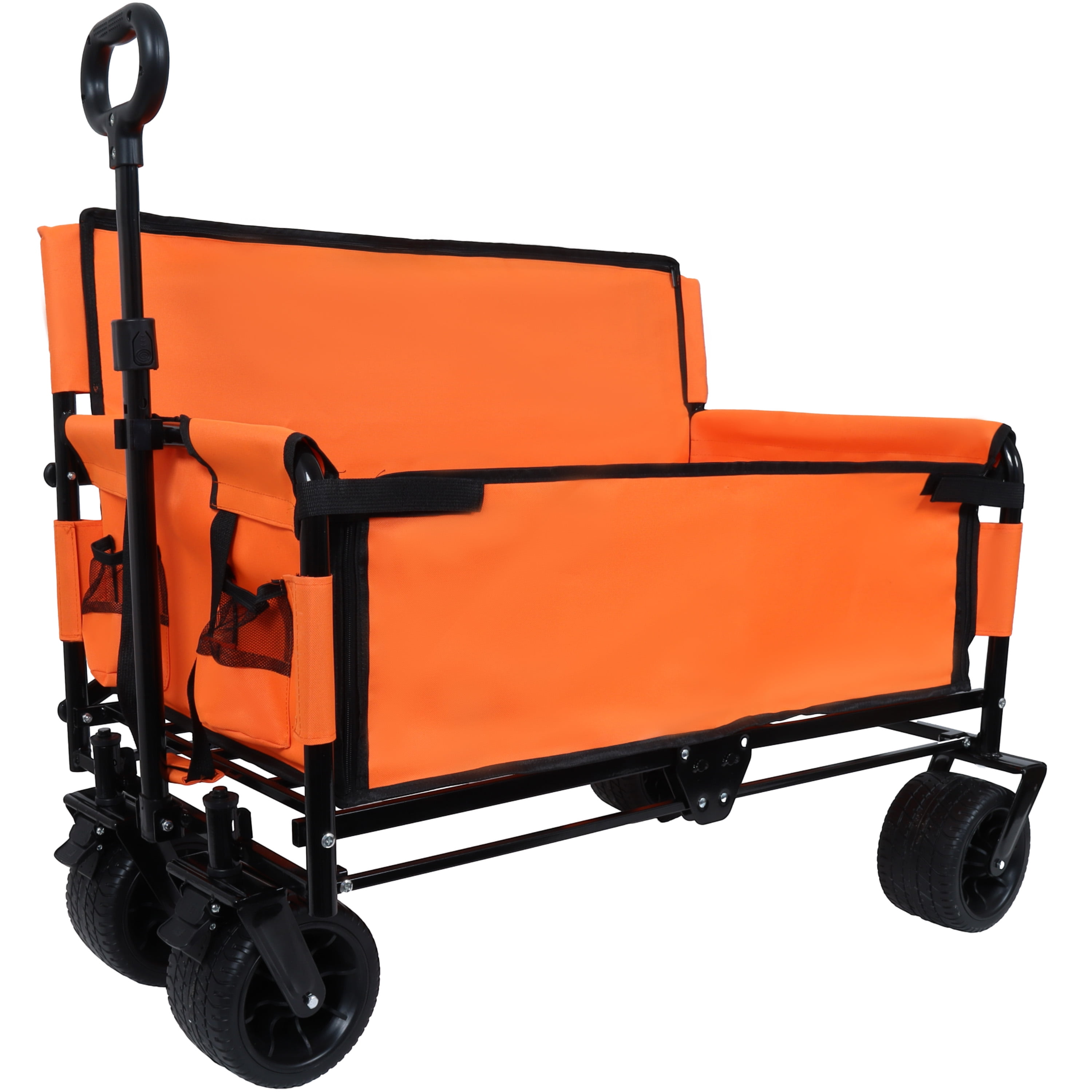 3-in-1 Convertible Folding Wagon with Bench Seat & Storage, 500LBS Heavy-Duty Capacity, 180L Large Capacity, All-Terrain Wheels, Orange Utility Wagon for Camping/Beach/Sports/Garden