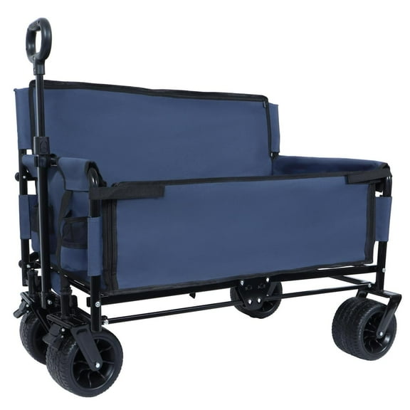 LuckyNote 3-in-1 Foldable Wagon Cart with Bench Seat, 500lb Capacity Heavy Duty Utility Wagon, All Terrain Wheels for Camping Beach and Groceries, Dark Blue