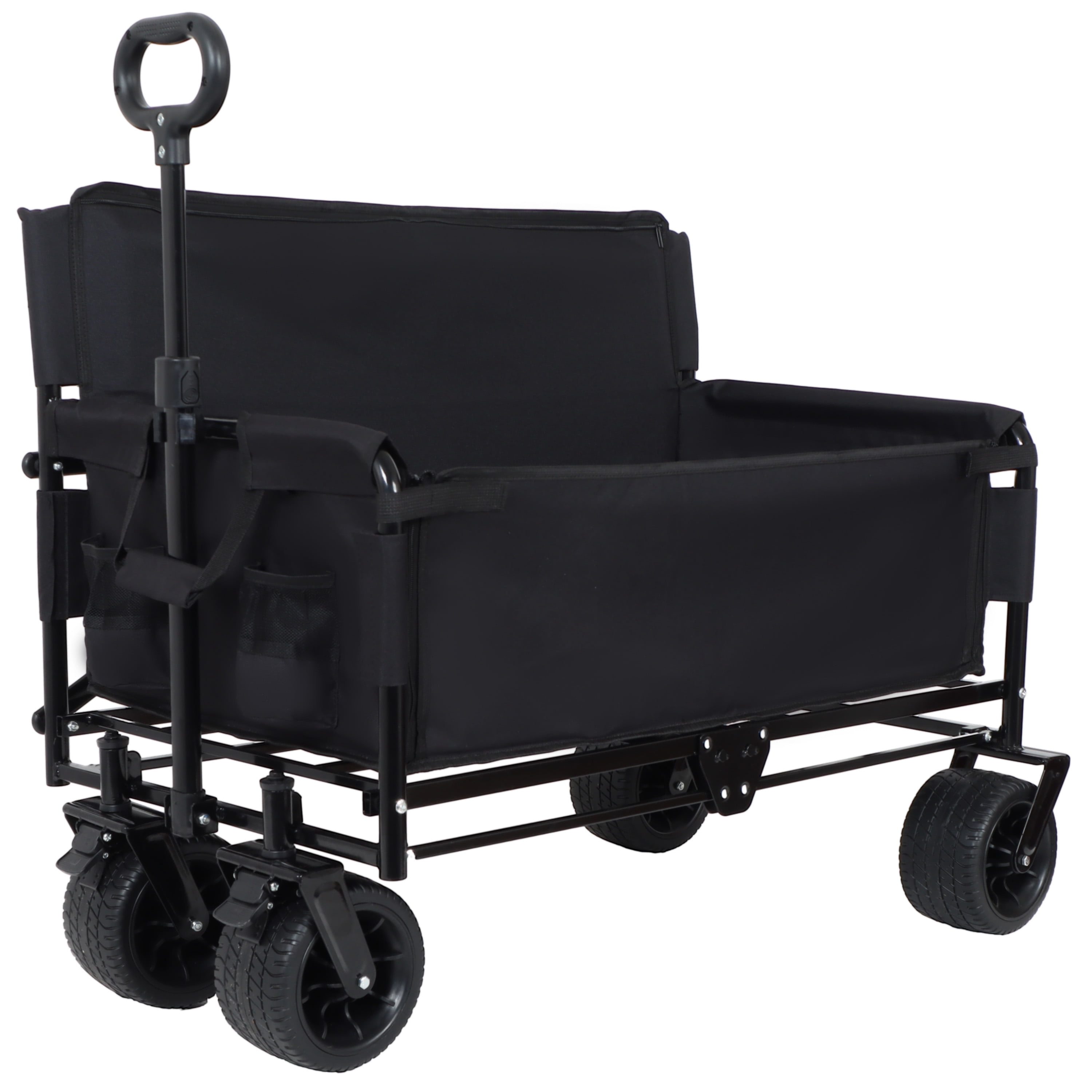 3-in-1 Convertible Folding Wagon Cart with Bench Seat & Storage, 500lbs Heavy-Duty Utility Wagon, 180L Capacity All-Terrain Wheels for Camping Beach Sports Garden, Black