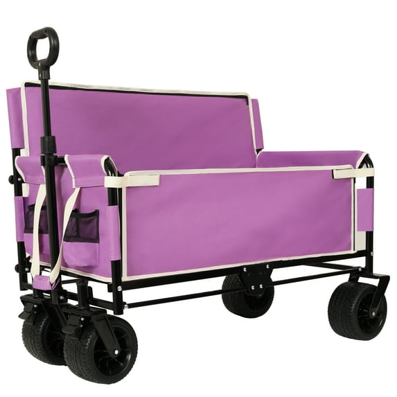 3-in-1 Convertible Folding Wagon Cart with Bench Seat & Storage - 500lbs Heavy-Duty Utility Wagon, 180L Capacity All-Terrain Wheels for Camping, Beach, Sports, Garden, purple