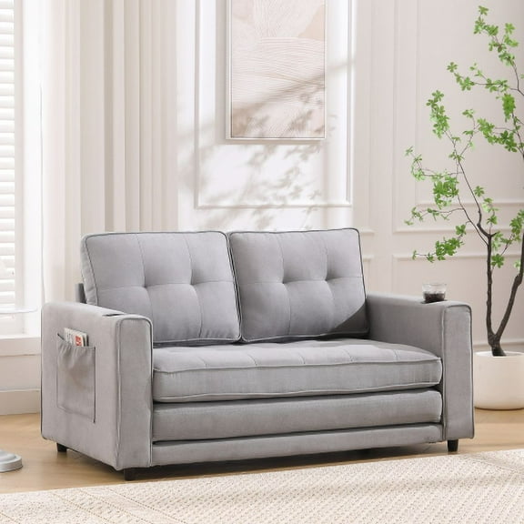 3-in-1 Convertible Futon Sofa Bed, Upholstered Folding Loveseat with Sleeper, Tufted Daybed with Side Pockets & Cup Holders, Space-Saving Couch for Small Spaces, Light Gray