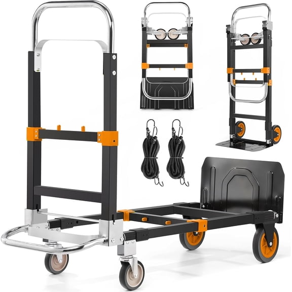 3-in-1 Convertible Heavy Duty Folding Hand Truck Dolly, 600LB Capacity with Rubber& Wheels Telescoping Handles, Portable Collapsible Cart for Warehouse, Supermarket, Office (Orange)