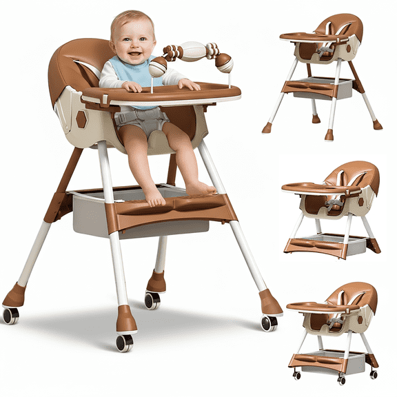 HENG CO. 4-in-1 High Chair for Babies and Toddlers, Convertible Baby High Chair, Double-Layer Tray & Toy Rack, PP+Steel Frame, for 6-36 Months, Brown