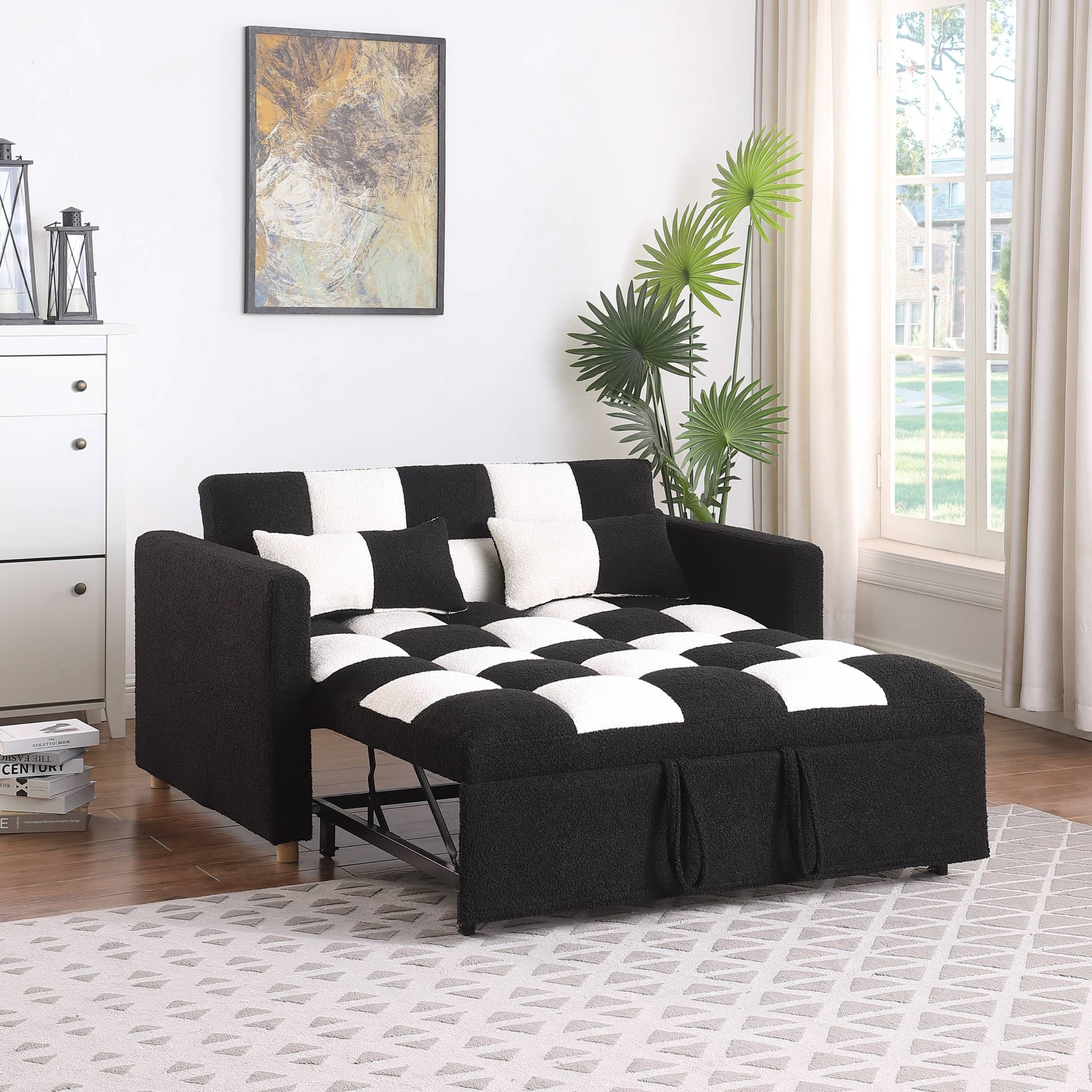 3 in 1 Convertible Pull Out Sofa Bed, Teddy Sleeper Sofa Couch with Adjustable Backrest, Loveseat with Pull Out Bed for Living Room, Black