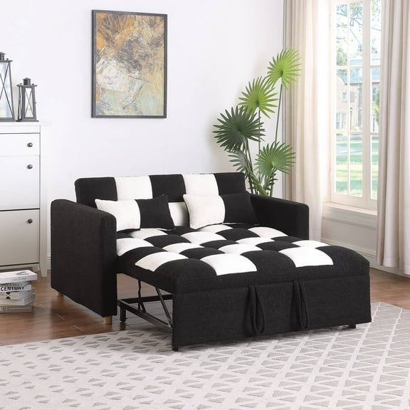 3 in 1 Convertible Pull Out Sofa Bed, Teddy Sleeper Sofa Couch with Adjustable Backrest, Loveseat with Pull Out Bed for Living Room, Black