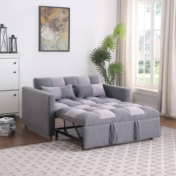 3 in 1 Convertible Pull Out Sofa Bed, Teddy Sleeper Sofa Couch with Adjustable Backrest, Loveseat with Pull Out Bed for Living Room, Grey