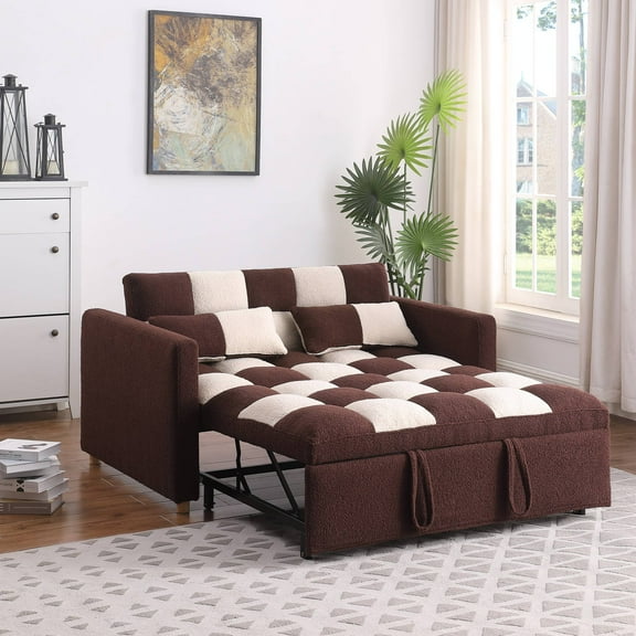 3 in 1 Convertible Pull Out Sofa Bed, Teddy Sleeper Sofa Couch with Adjustable Backrest, Loveseat with Pull Out Bed for Living Room, Red