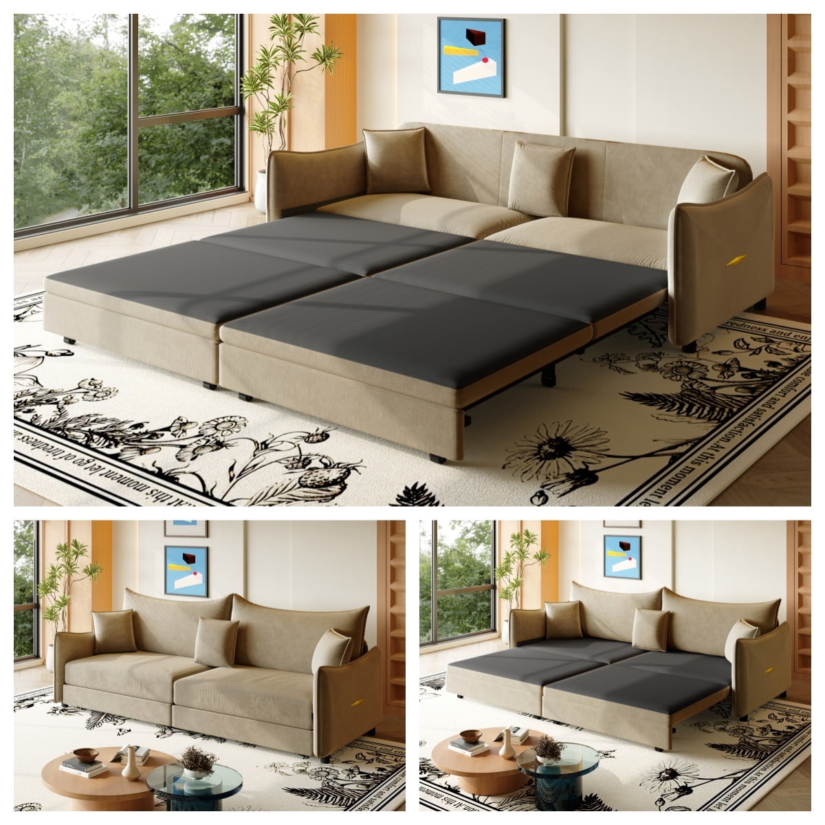 3-in-1 Convertible Pull Out Sofa Bed, 81.9'' King Size Sleeper Sofa Bed with Golden Accent Trim, Velvet 3-Seater Couch with 3 Pillows for Living Room, Small Space, Apartment