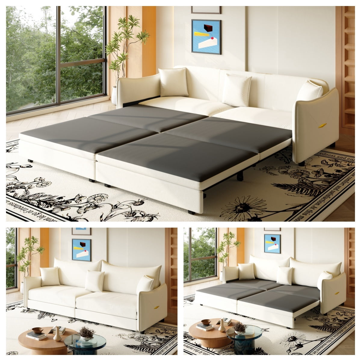 3-in-1 Convertible Pull Out Sofa Bed, 81.9'' King Size Sleeper Sofa Bed with Golden Accent Trim, Velvet 3-Seater Couch with 3 Pillows for Living Room, Small Space, Apartment