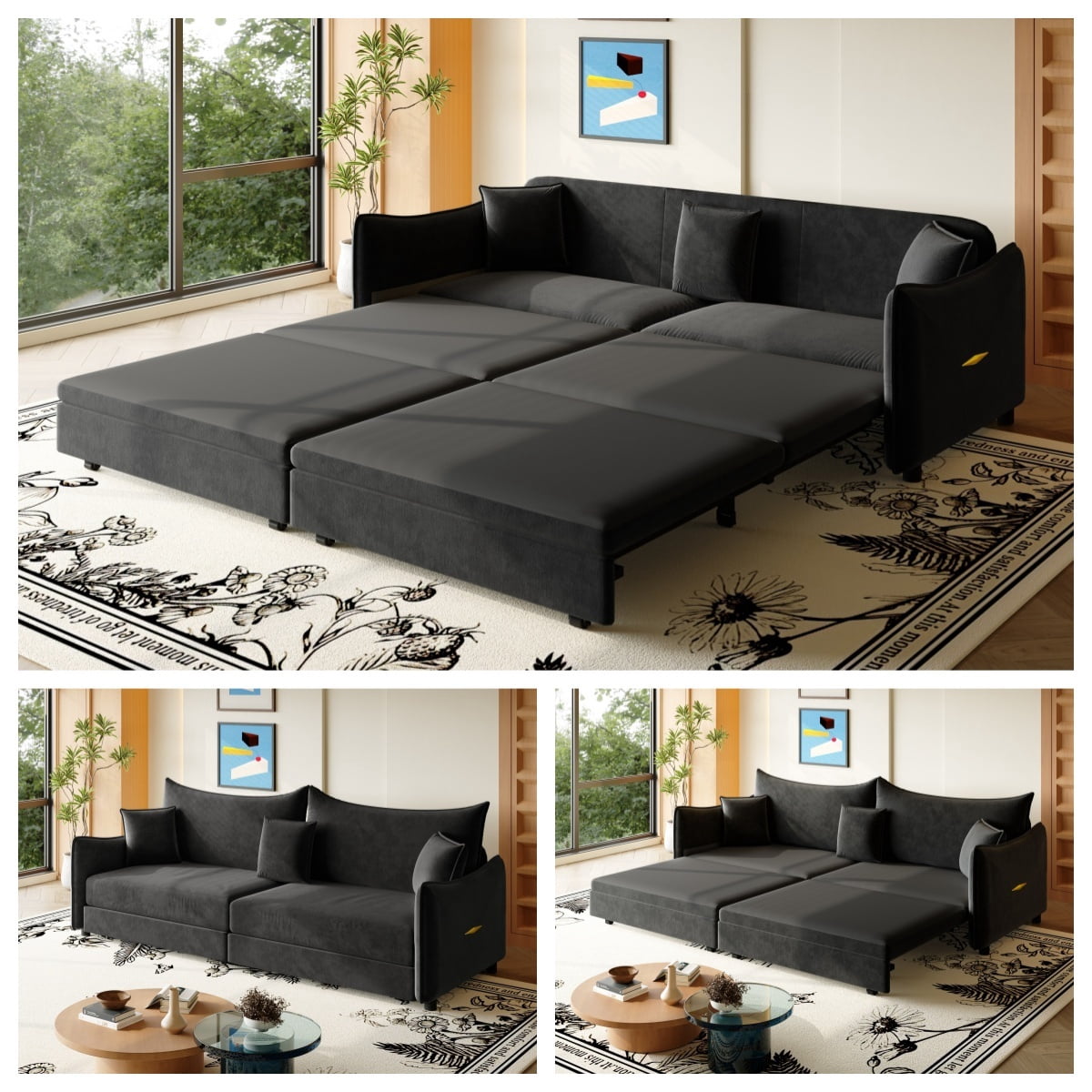 3-in-1 Convertible Pull Out Sofa Bed, 81.9'' King Size Sleeper Sofa Bed with Golden Accent Trim, Velvet 3-Seater Couch with 3 Pillows for Living Room, Small Space, Apartment
