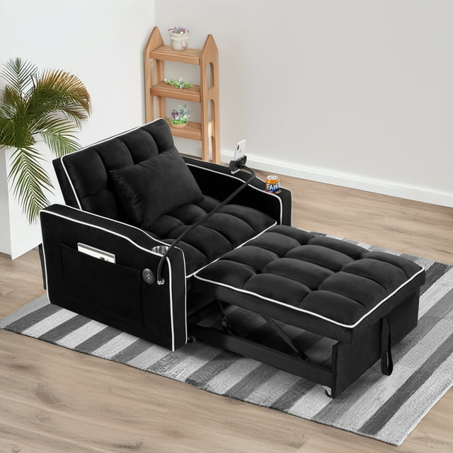 3-in-1 Convertible Sleeper Chair Bed,Folding Sofa Bed with USB and Phone Stand,Single Recliner with Adjustable Backrest for Bedroom Apartment,Black